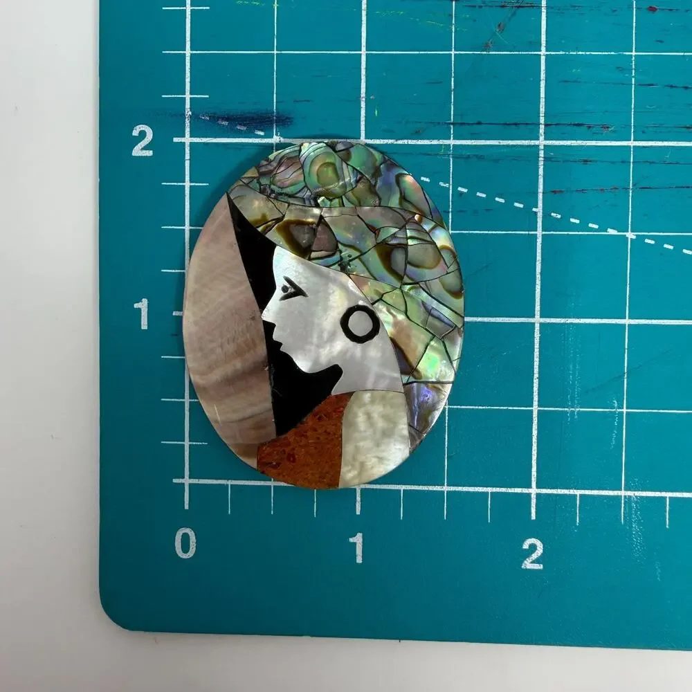 Abalone Shell Mosaic Pendant Inlay Oval Woman Face Art Cabochon 2" - Picture 4 of 5